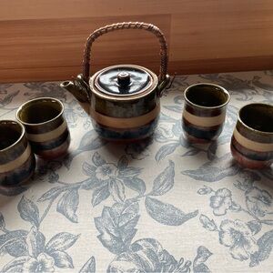 Handcrafted Ceramic Tea Set with Wicker Handle
